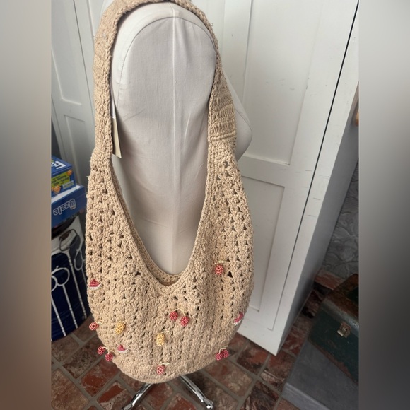 Handcrafted Beige Crochet Bag w/ beaded fruits! Each is unique, neutral coloring - Picture 13 of 13